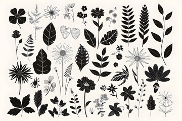 Black and white botanical silhouettes of leaves, flowers, and plants on a light background