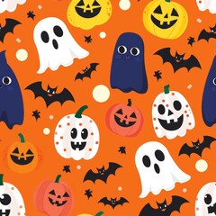 Fototapeta premium Grunge Vector illustration with pumpkin, ghost, skull and vampire monster. Halftone 90s vintage elements for mixed media design.