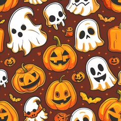 Obraz premium Grunge Vector illustration with pumpkin, ghost, skull and vampire monster. Halftone 90s vintage elements for mixed media design.