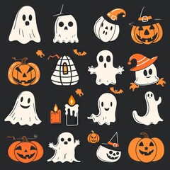 Fototapeta premium Grunge Vector illustration with pumpkin, ghost, skull and vampire monster. Halftone 90s vintage elements for mixed media design.