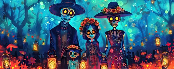 Fototapeta premium Glowing Night at Dia de Muertos: Family of Four in Watercolor Style Visiting Cemetery with Lanterns