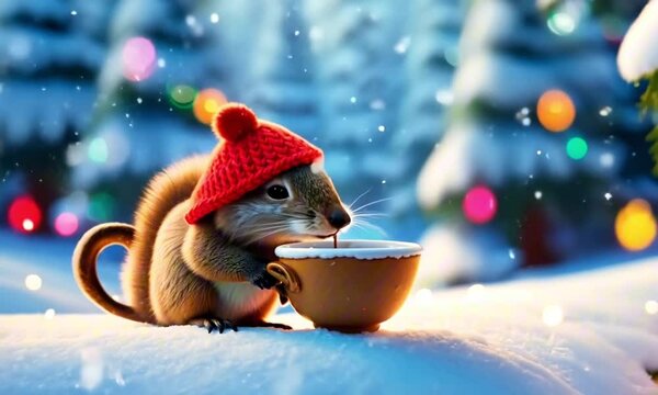 A cheerful cute squirrel in a knitted hat drinks cocoa from a cup against the background of a winter forest with fir trees, snow and colorful lights