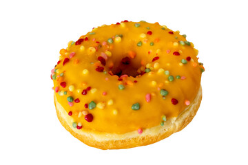 Delicious yellow Frosted Donut with colorfull sprinkles on top, isolated transparent background, png