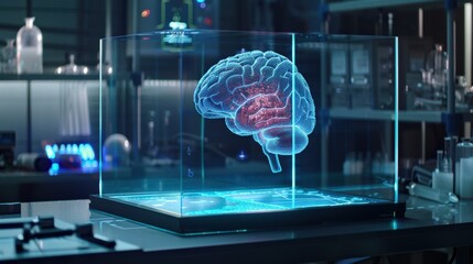 High-tech hologram display of a human brain in a dark laboratory setting