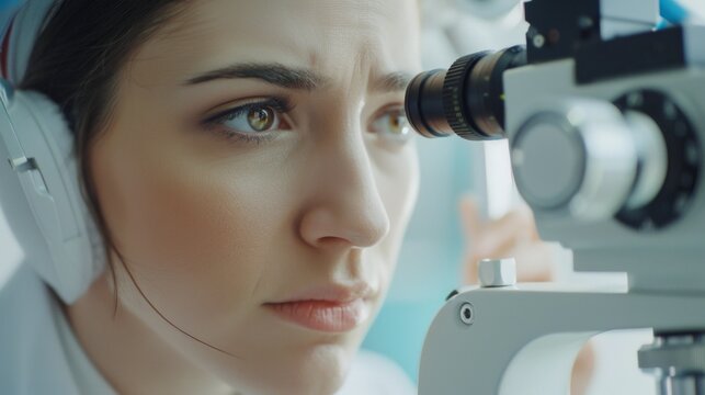 Close-up of a woman undergoing an eye examination with ophthalmology equipment in clinic. The image captures concentration and detail. Medical technology at work in a clinical setting. AI