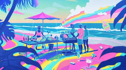 Naklejka premium Beachside BBQ With Friends