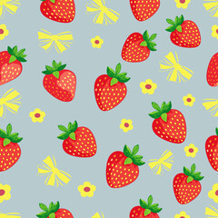 seamless pattern of strawberry, yellow daisy flower and yellow bow, pastel blue background , vector , illustration