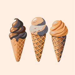 A set of ice cream in a waffle cone Chocolate vanilla caramel Sweets vector illustration (5)