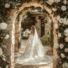 Obraz premium Elegant bride walking through an arched floral pathway at an outdoor garden venue during daylight
