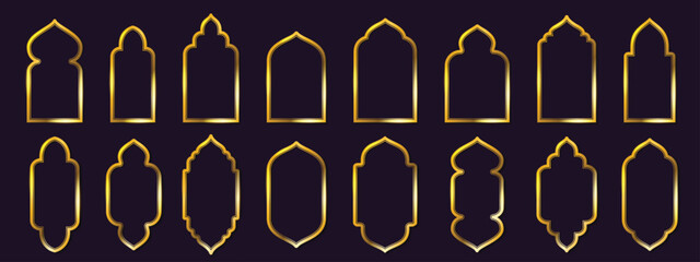 Simple golden Arabic frames. Islamic architecture window, oriental door and arch shapes inspired shiny decorative line arabic window borders, gold frame with shadow isolated vector set