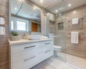 Modern bathroom with a walkin shower and vanity, blank background, bathroom, home, sleek and functional