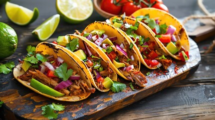 Delicious tacos filled with fresh ingredients, served on a wooden platter with lime and tomatoes in the background.