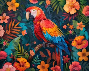 Parrot amidst bright summer flowers and plants, empty area above, pet plants, vibrant and colorful