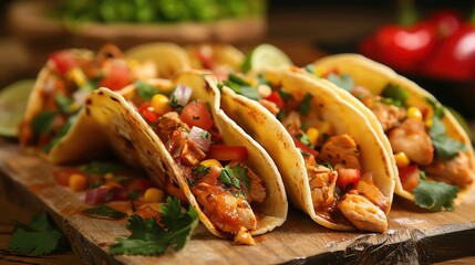 Delicious chicken tacos with fresh vegetables on a wooden board, perfect for a vibrant and flavorful meal.
