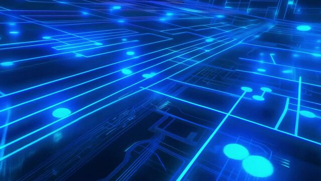 Abstract blue digital circuit network background, representing futuristic technology and data communication concepts.