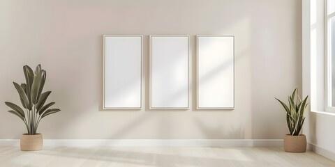 Minimalist Room with Neutral Decor Featuring Empty Frames on Beige Wall. Concept Neutral Decor, Minimalist Room, Empty Frames, Beige Wall, Interior Design