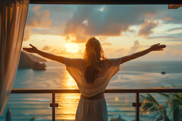 Fototapeta premium Young woman with arms outstretched breathing in fresh air during sunrise at the balcony, vacation location in background.
