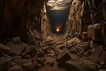Dark, eerie ancient passage in a tomb, illuminated by a distant warm sunbeam