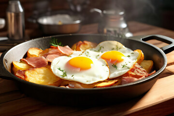 Bratkartoffeln und Spiegelei mit Schinken in der Pfanne