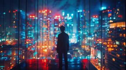 Fototapeta premium Businessperson reviewing bankruptcy documents in a futuristic cityscape, space for text, bankruptcy, futuristic background, corporate failure