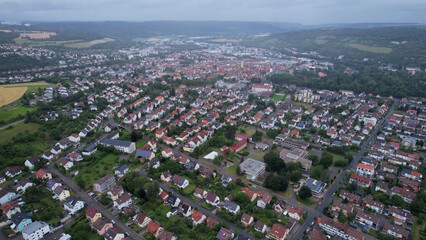 Aerial panorama view the old town of  Bad Mergentheim  on a cloudy day in Germany.