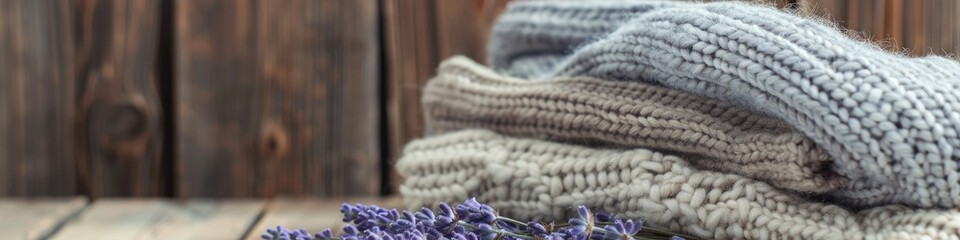 Lavender Fabric. Closeup Knitwear Collection with Bouquet of Lavender on Cozy Background