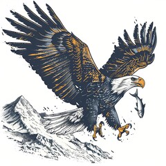 A majestic bald eagle soars above a mountain peak, talons gripping a fresh fish.