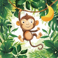 Naklejka premium A happy monkey hangs from a vine, reaching for a banana in a lush jungle setting.