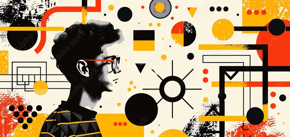 Aufkleber digital art of young male in glasses with abstract background of geometric shapes and vibrant colors