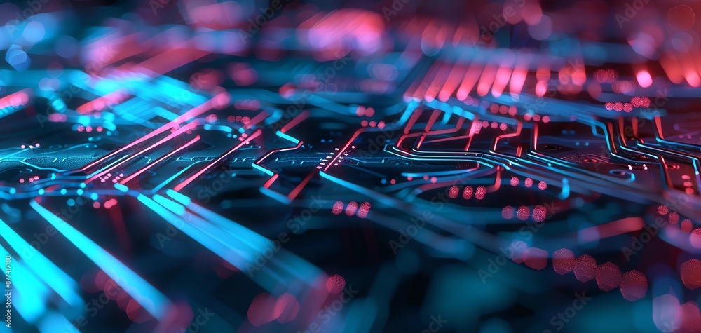 Aufkleber Close-up of circuit board with glowing blue and red lights, representing technology and electronics. Capturing intricate details of modern tech.
