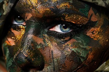 Camouflage Makeup - Close-up of a Woman's Eye with Military Inspired Makeup