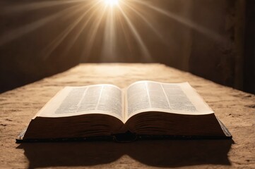 Divine light illuminates an open bible with a serene dove silhouette above