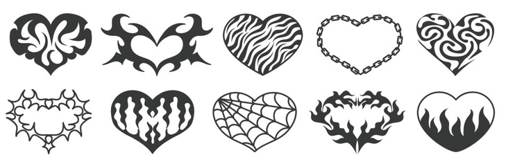 Neo tribal heart tattoo shapes. Hot flame hearts, chain of love, spider web and spiked heart symbols. Gothic Y2K romantic stickers vector set. Abstract goth punk hearted decoration.