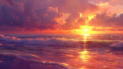 Shades of orange, pink, and purple reflect off the shimmering water, creating a stunning mirror image. The gentle ripples of the river catch the fading light, adding a touch of magic to the serene.