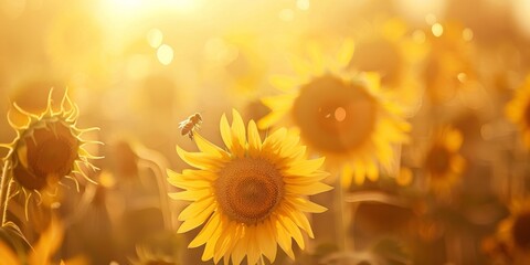 Obraz premium Close-Up Sunflower Field Bloom Golden Hour Nature Landscape Photography Scene.