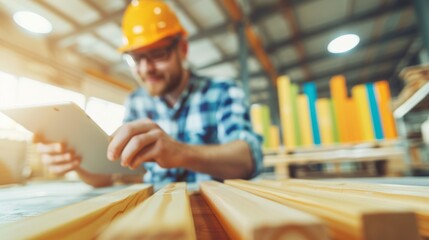 Craftsman Analyzing Data on Tablet in Bright Workshop Surrounded by Timber - Space for Text