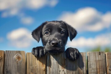 Dog Fence. Cute Black Labrador Puppy Peeking over Wooden Garden Fence