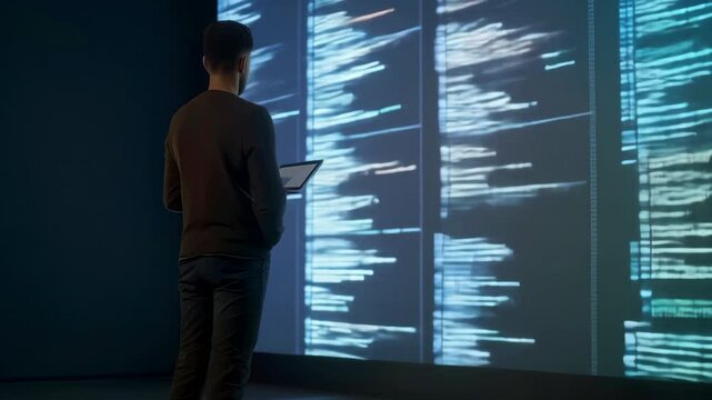 A person stands in front of a large screen displaying lines of programming code, symbolizing technology and software development.