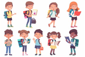School students vector characters. Back to school classmates elementary student characters in education activities like presenting and playing. 