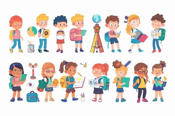 School students vector characters set. Back to school classmates elementary student characters in education activities like presenting and playing. 