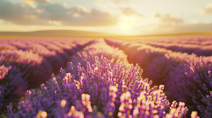 a serene lavender field bathes in the soft light of sunrise, its fragrant blooms awash in hues of purple and pink. The gentle rays illuminate rows of lush lavender plants, casting long shadows.