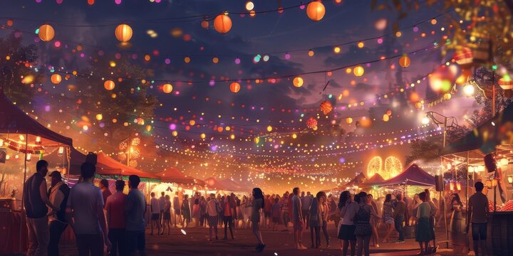 Summer Festival FunFood Stalls and Live Music Atmosphere - Lively Event Scene captured beautifully - Stock Image.