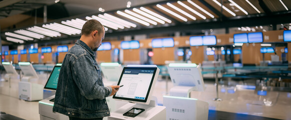 A male passenger at the electronic check-in desk in the departure area of the modern airport...