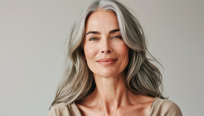 Fototapeta premium Natural beauty portrait of serene and elegant mature caucasian woman with grey hair. Female slightly smiling. Light background studio shot. Natural female beauty and fascinating aging concept.