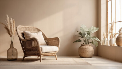 Obraz premium Minimalist living room with wicker armchair and natural decor on beige background
