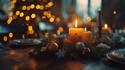 holiday ambiance, create a cozy christmas ambiance with dim candlelight and shimmering decor set in a dark and atmospheric background, exuding warmth and comfort