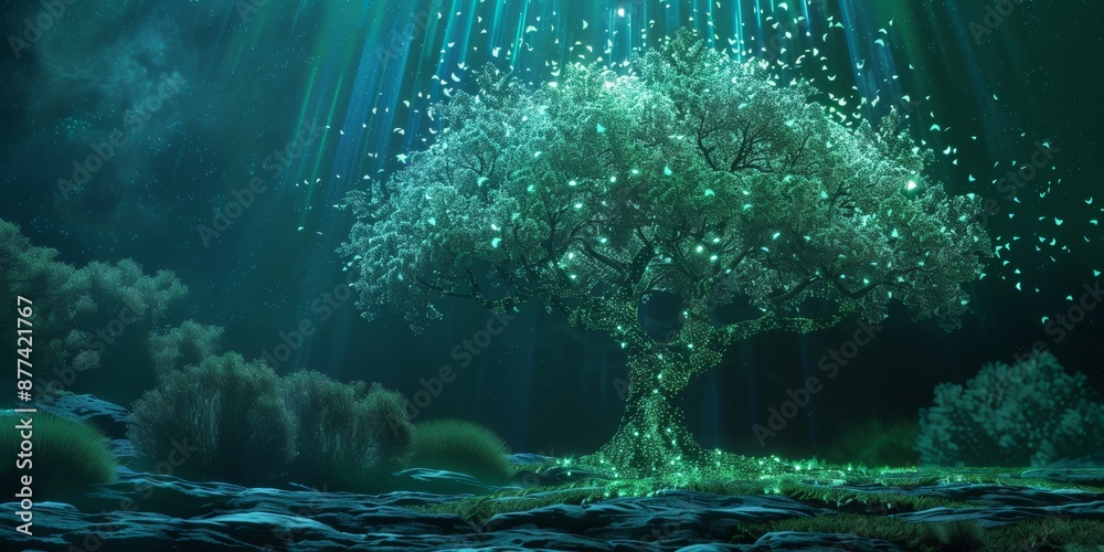 Poster nature-inspired digital artwork: treeleaf patterns in code || creative tech design forest scene