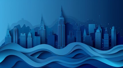 paper city skyline, sophisticated papercut craft banner showcasing a city skyline silhouette, ideal for corporate events and promotions, exuding elegance and professionalism