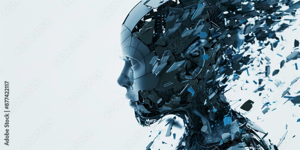 Poster robotic tech assembledfragmented data in abstract cyberspace concept image