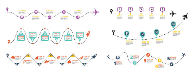 Roadmap infographic template. Business launch steps on dashed line, startup strategy routes and flight path timeline routes with pinpoint location icons on journey stages. Vector set.